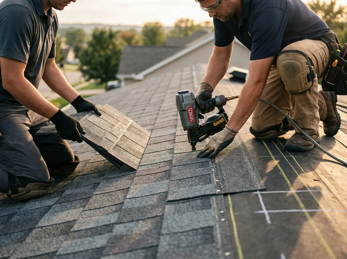 Professional roofer working on a residential roof in Upper Milford
